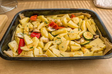 Raw potato on the pan with vegetable