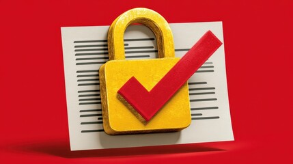 Secure padlock illustration featuring a prominent red tick mark symbolizing successful verification approval and completed security check representing safety
