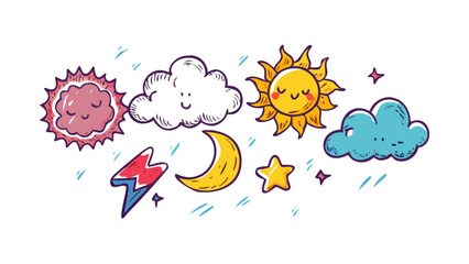 Cute cartoon weather icons with smiling faces comic style