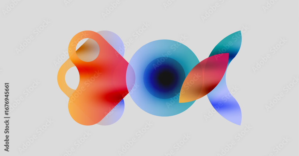 Poster abstract fluid shapes overlap, creating vibrant color blends. soft gradients suggest movement, light