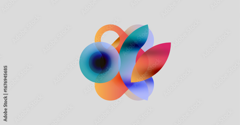 Poster abstract colorful shapes overlap, creating dynamic visual effect. soft gradients blend blues, orange