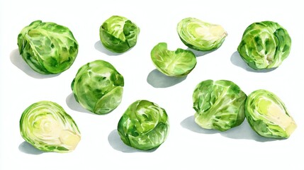 Fototapeta premium A collection of fresh brussels sprouts in various sizes and orientations, showcasing their vibrant green color and texture