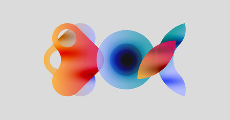 Abstract fluid shapes overlap, creating vibrant color blends. Soft gradients suggest movement, light interaction. Minimalist design.