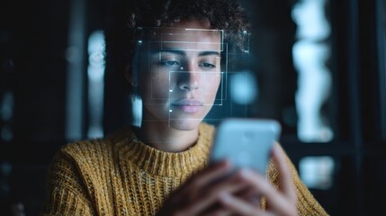 Person using facial recognition smartphone digital overlays tech