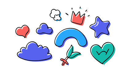 Doodle collection hearts clouds crown star branch vector