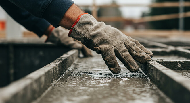 Close-up of a construction worker's gloved hand smoothing wet concrete in a steel form.