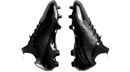 Illustration of a pair of black football shoes isolated on transparent background, showcasing the design and features of modern athletic footwear for sports performance and style