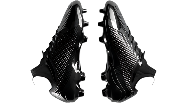 Illustration of a pair of black football shoes isolated on transparent background, showcasing the design and features of modern athletic footwear for sports performance and style