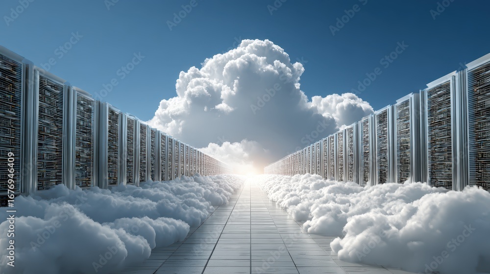 Poster a surreal representation of cloud computing technology visualized as a literal large white fluffy cl