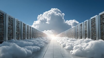 A surreal representation of cloud computing technology visualized as a literal large white fluffy cloud mysteriously floating inside a vast modern and high tech server room with racks of hardware