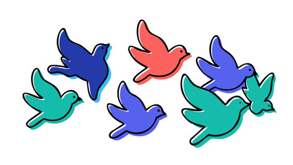 Flock of stylized birds in flight flying silhouettes