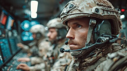Detailed portrait of a dedicated male soldier in a complete military camouflage uniform wearing a tactical communication headset for operational coordination and situational awareness