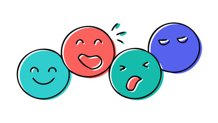 Four cartoon faces expressing different emotions emoji happy