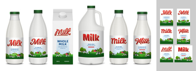 Vector milk labels and milk containers
