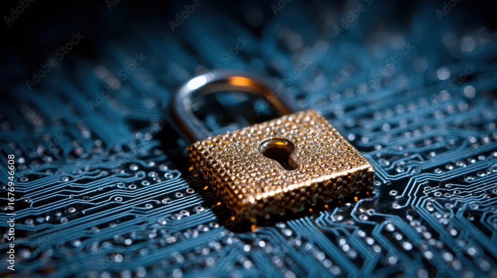 Poster conceptual illustration of digital security and data protection featuring a metallic padlock securel