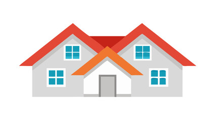 Gray house with red and orange roof and blue windows home building