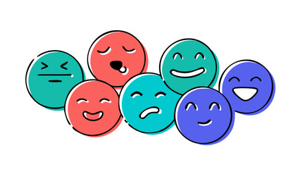 Group of colorful doodle emoji faces with various expressions illustration cartoon
