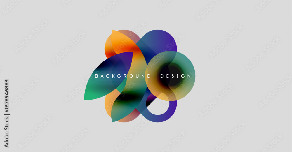 Poster abstract colorful shapes overlap, creating dynamic visual effect. background features gradients, tex