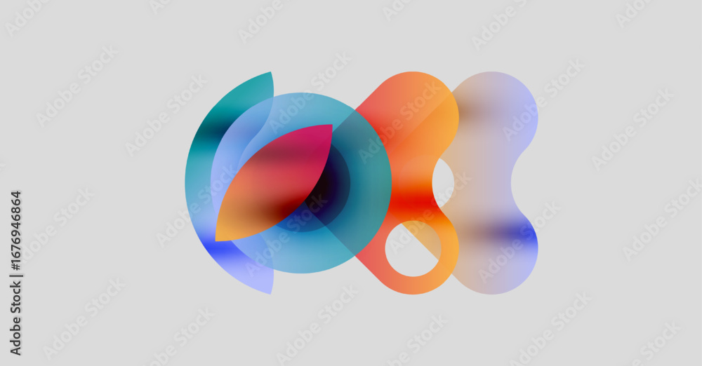 Poster abstract colorful shapes overlap, creating dynamic visual effect. soft gradients suggest fluidity, m