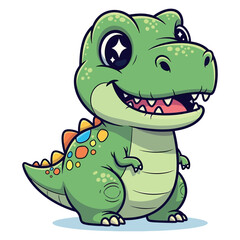 Charming green cartoon dinosaur with big eyes and colorful spikes on back roaring happily vector