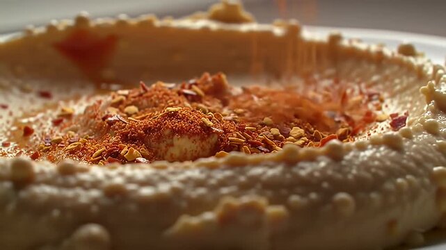 Creamy hummus topped with red pepper flakes and a drizzle of oil, close-up