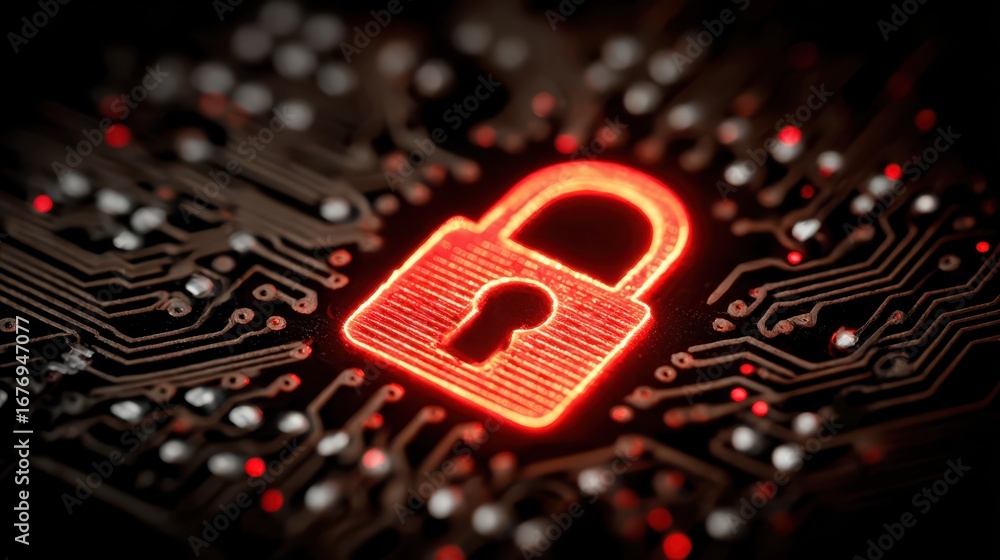 Poster a detailed macro illustration of a vibrant red padlock securely fastened onto a complex electronic c