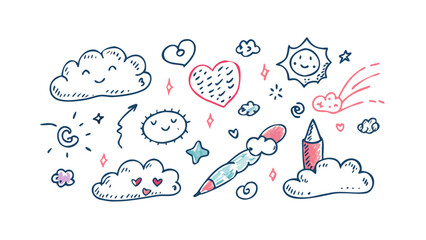 Hand drawn crayon style clouds suns hearts and pencil marker doodle