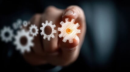 Detailed close up of a person s finger pressing a sophisticated circular control button displaying a gear icon symbolizing industrial automation mechanical engineering and progress