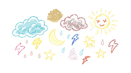 Hand drawn crayon weather elements sun moon clouds stars rain vector