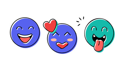 Hand drawn emoji faces with hearts and tongues cartoon happy