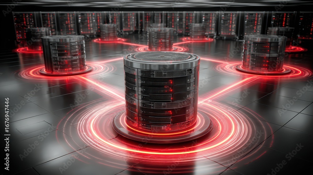 Poster a sprawling data center interior showing endless rows of server racks with blinking red warning ligh