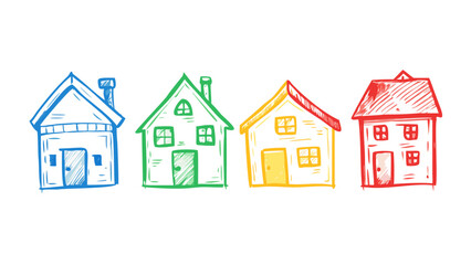 Hand drawn houses in red green blue yellow homes buildings