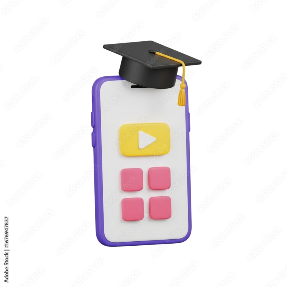 Poster 3d icon of smartphone with graduation cap and play button, isolated on transparent background