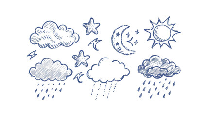 Hand drawn weather icons with clouds sun moon and rain vector