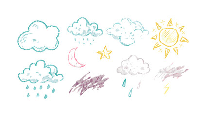 Hand drawn weather icons with textured crayon style clouds rain