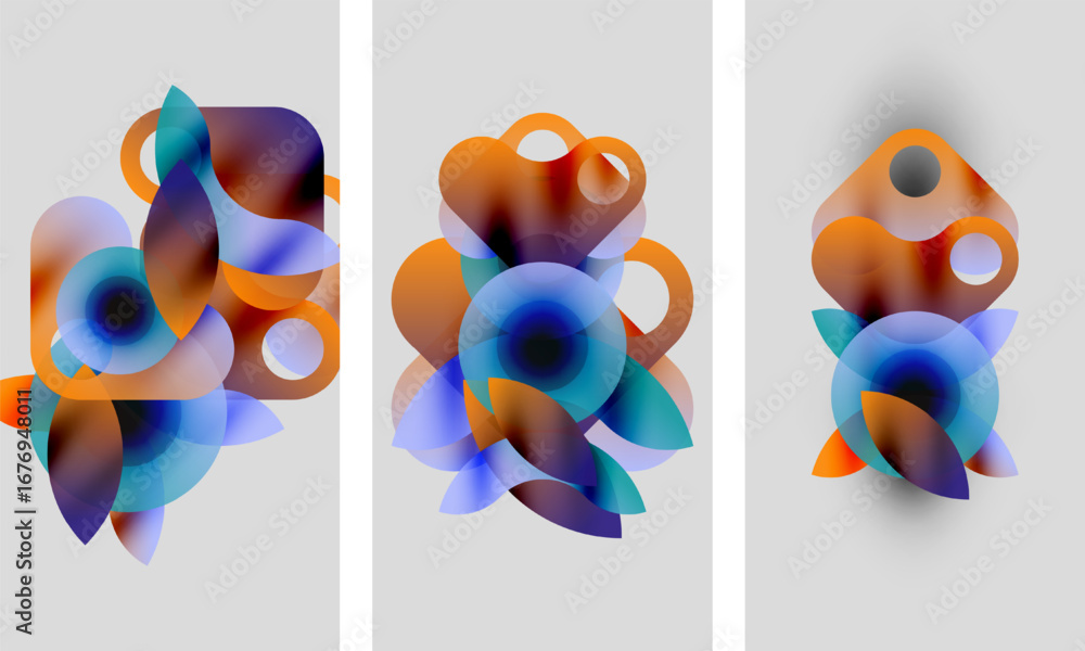 Poster abstract artwork. three panels display overlapping colorful shapes, gradients, blurred edges. compos