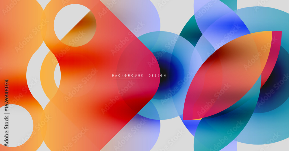 Poster abstract colorful overlapping circles create dynamic fluid background. gradient hues blend, forming 