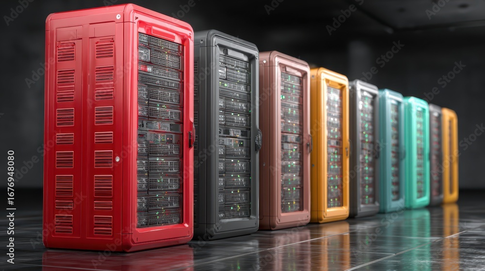 Poster a long organized row of powerful computer servers housed within a modern data center showcasing the 