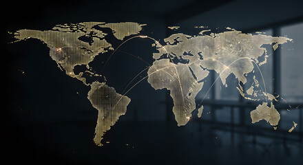 Global network connectivity with world map and data connections over modern office background.