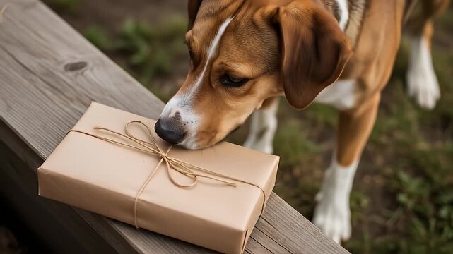 Brown and white dog sniffing a small gift on a wooden surface outdoors