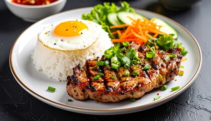Cơm Sườn Nướng Grilled Pork Chop Rice Plate. Traditional Vietnamese Food