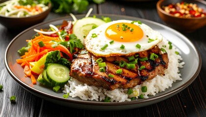 Cơm Sườn Nướng Grilled Pork Chop Rice Plate. Traditional Vietnamese Food