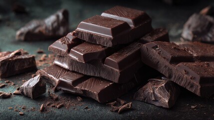 Dark Chocolate Bars Stacked Artistic Arrangement with Cocoa Crumbles on a Textured Surface for Gourmet Food Photography