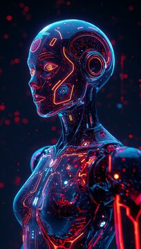 Abstract glowing neon robots visualizing futuristic progress in artificial intelligence and automated technology
