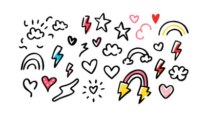 Playful doodle icons hearts and lightning bolts doodles pink