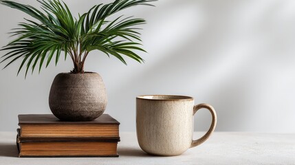 Fototapeta premium Quiet corner of a library or study with a lush green houseplant in a ceramic vase next to a tall stack of classic literature books with worn covers creating a peaceful academic