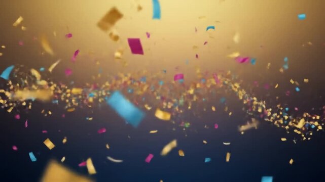 Abstract festive background with glitter, confetti, ribbons and free place for text. New Year, Christmas, birthday, holiday celebration banner