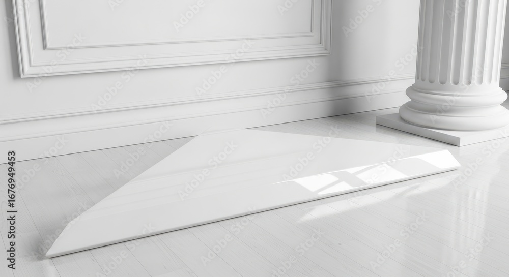 Poster monochromatic exhibit featuring a triangle display and architectural column