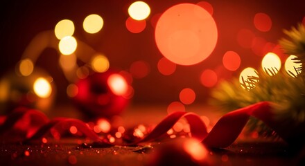 Warm red christmas lights and ornaments create a cozy festive atmosphere