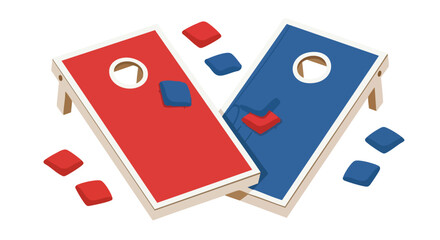 Vibrant cornhole game setup, featuring red and blue boards with strategically placed bean bags, symbolizing outdoor fun and friendly competition in